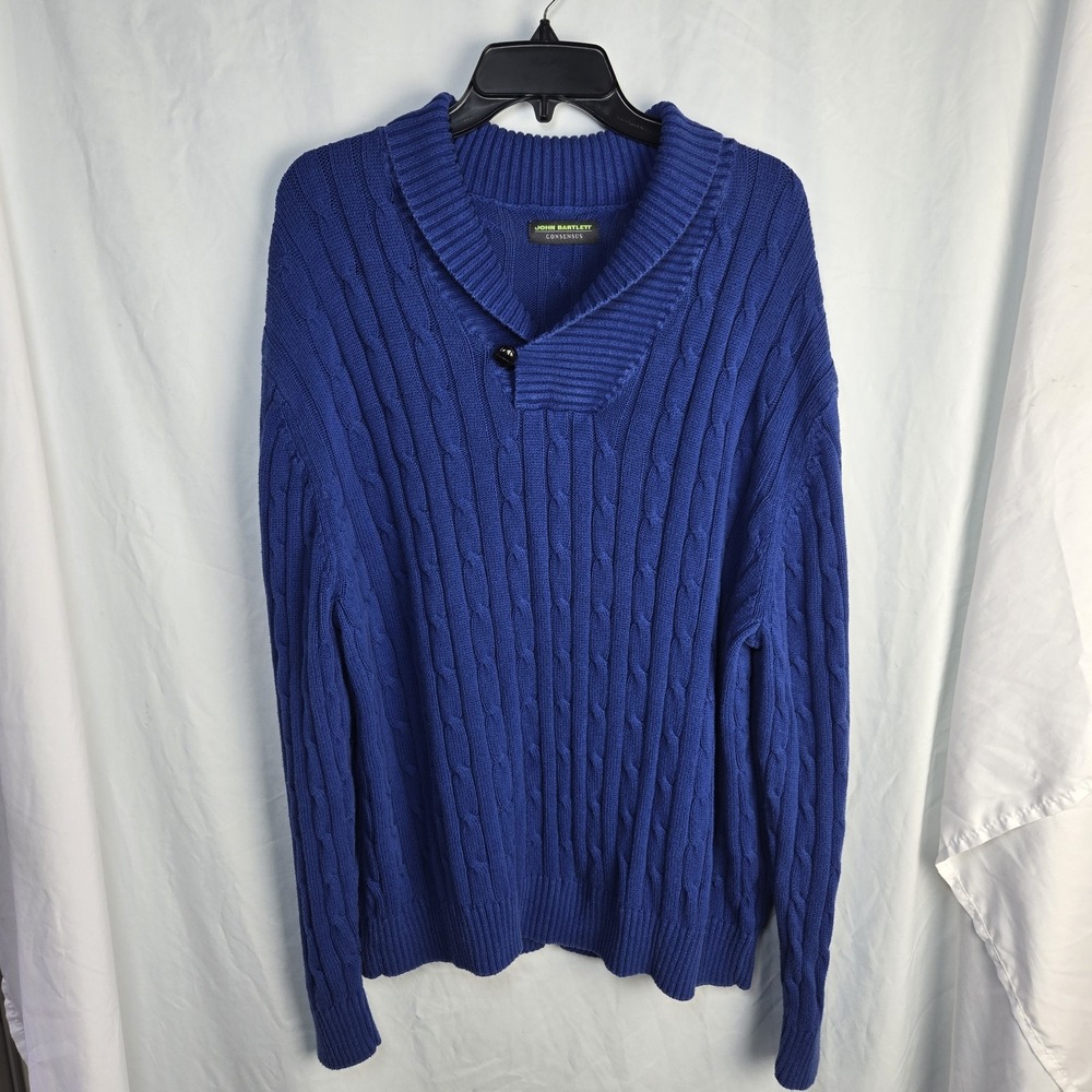 John Bartlett Consensus Cotton Cableknit Sweater Mens XL Blue Shawl Collar Boat